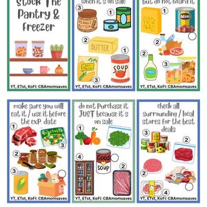 以下が含まれることがあります： 「Stock The Pantry & Freezer」というテキストと食料品の買い物に関するヒントが書かれたカラフルなインフォグラフィック。缶詰、肉、野菜など、さまざまな食品のイラストが含まれており、セールや賞味期限に関するアドバイスが記載されています。