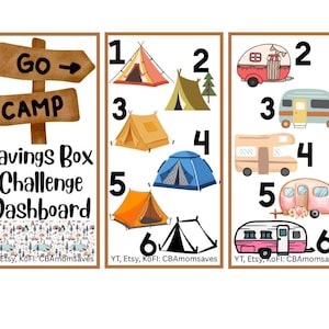 May include: A camping-themed savings box challenge dashboard with illustrations of tents and campers. The text "Go Camp" is displayed on a wooden sign. The words "Savings Box Challenge Dashboard" are also visible.