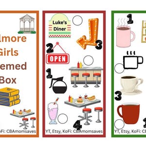May include: A themed box with illustrations inspired by Gilmore Girls. The box includes images of coffee cups, a diner, books, and the text "Gilmore Girls Themed Box". The box is decorated with a brown, red, and green border.