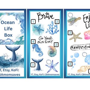 May include: Three panels with ocean-themed illustrations. The first panel has the text "Ocean Life Box" with images of a whale tail, waves, and sea creatures. The second panel says "be Brave" and "Go Your Own Way" with starfish, coral, and a seahorse. The third panel says "Enjoy Life" and "Manifesting" with a turtle, starfish, and seashells.