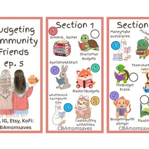 Puede incluir: Gráfico ilustrado para una comunidad de presupuestos, dividido en tres secciones con animales de dibujos animados leyendo libros. El título dice "Budgeting Community Friends ep. 5". Las redes sociales se enumeran en la parte inferior.