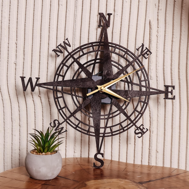 Compass Wall Clock, Wooden Silent Clock, Compass Rose Decor, Oversized ...