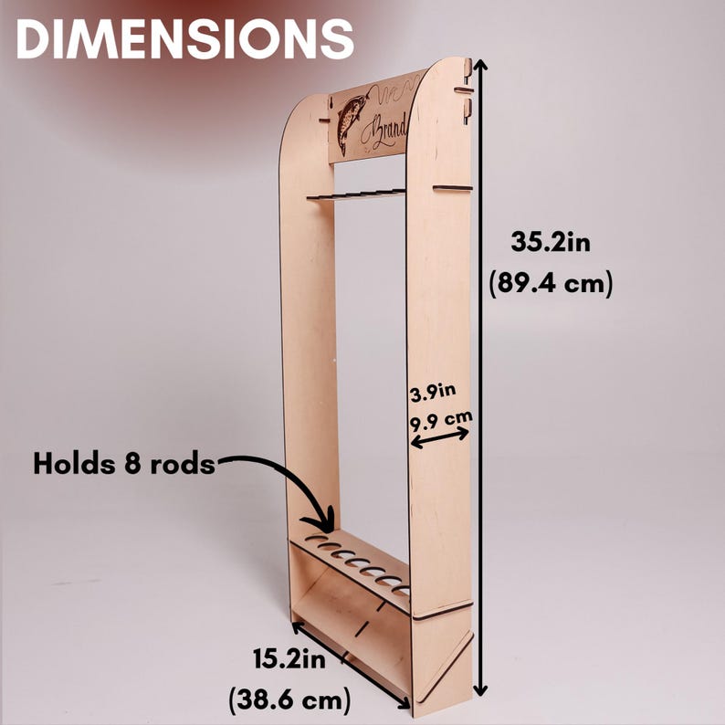 May include: A wooden fishing rod rack, 35.2 inches (89.4 cm) tall, with a shelf that holds 8 rods. The rack has a brand logo and dimensions labeled. The rack is 15.2 inches (38.6 cm) wide and 3.9 inches (9.9 cm) deep.