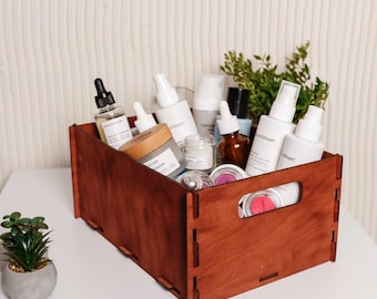 Beauty Organizer Wooden Box, Cosmetics Storage for Skincare Bottles, Wood Storage Box, Rustic Wood Organizer