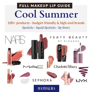 Op de afbeelding: Een gids voor lipproducten met de tekst "Cool Summer". De afbeelding toont lippenstiften, vloeibare lippenstiften en lipliners van merken als NARS, Fenty Beauty, MAC, Charlotte Tilbury, Sephora en NYX.