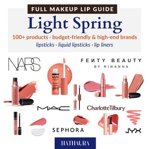 Könnte beinhalten: Eine Collage von Lippenstift- und Lipgloss-Produkten verschiedener Marken, darunter NARS, NYX, FENTY BEAUTY by Rihanna, MAC, Charlotte Tilbury, Sephora und JYX. Der Text "Light Spring" befindet sich oben im Bild, und der Text "100+ products budget-friendly & high-end brands lipsticks liquid lipsticks lip liners" befindet sich darunter.