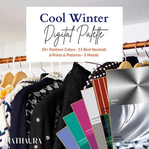 Puede incluir: Una paleta digital titulada "Cool Winter" con muestras de color y ropa. La paleta incluye más de 50 colores Pantone, 15 neutros, 6 estampados y 3 metales. La ropa cuelga en una percha en el fondo.