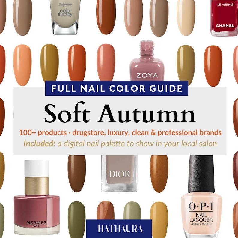 Soft Autumn nail guide PDF with 100+ polish shades and finishes for muted warm tones