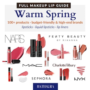 Op de afbeelding: Een collage van lippenstift- en liplinerproducten van verschillende merken, waaronder NARS, FENTY BEAUTY by Rihanna, MAC, Charlotte Tilbury, Sephora en NYX. De merken zijn in witte tekst op een witte achtergrond vermeld. De lipsticks en lipliners zijn in een raster gerangschikt. De afbeelding heeft de titel "Warm Spring" en bevat de tekst "Full Makeup Lip Guide" en "100+ producten budgetvriendelijk & high-end merken lipsticks vloeibare lipsticks lipliners".