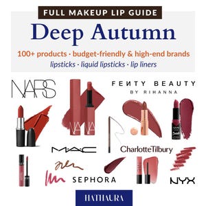 Op de afbeelding: Een gids voor diepe herfst make-up lipkleuren met lipsticks en lipliner van merken zoals NARS, FENTY BEAUTY by Rihanna, MAC, Charlotte Tilbury, Sephora en NYX.