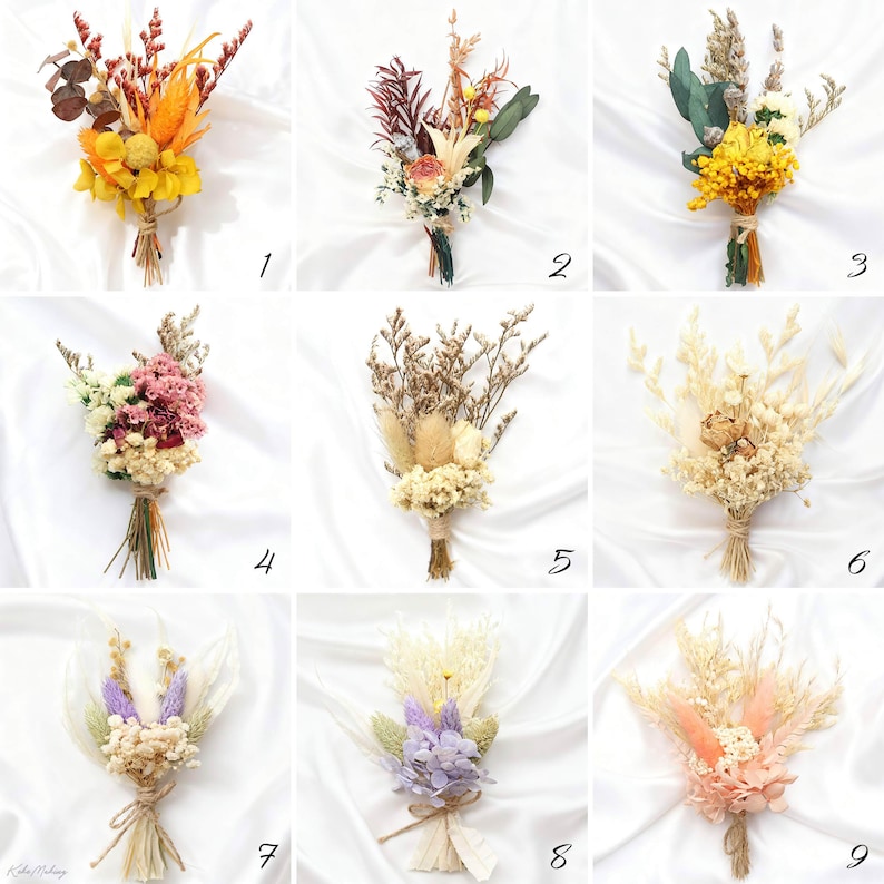 May include: Nine small dried flower bouquets, each tied with twine. The bouquets feature a variety of colors, including yellow, orange, red, pink, and purple. Some bouquets have a mix of textures and shapes, with feathery grasses and round blooms.