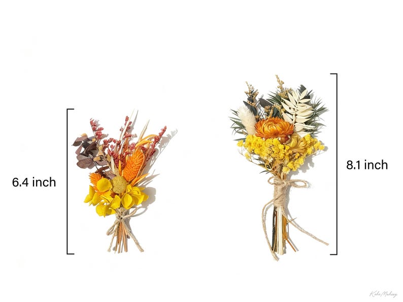 May include: Two dried flower bouquets. The first is 6.4 inches tall, featuring yellow, orange, and brown flowers tied with twine. The second bouquet is 8.1 inches tall, with yellow and orange flowers, and tied with twine.