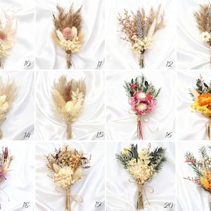 May include: A collection of dried flower bouquets, each with a unique arrangement of colors and textures. The bouquets are tied with twine and set against a white background. Numbers 10-21 are visible.