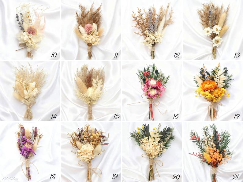 May include: A collection of dried flower bouquets, each with a unique arrangement of colors and textures. The bouquets are tied with twine and set against a white background. Numbers 10-21 are visible.