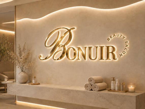 Custom Salon Logo Sign, Gold LED Backlit Beauty Reception Sign