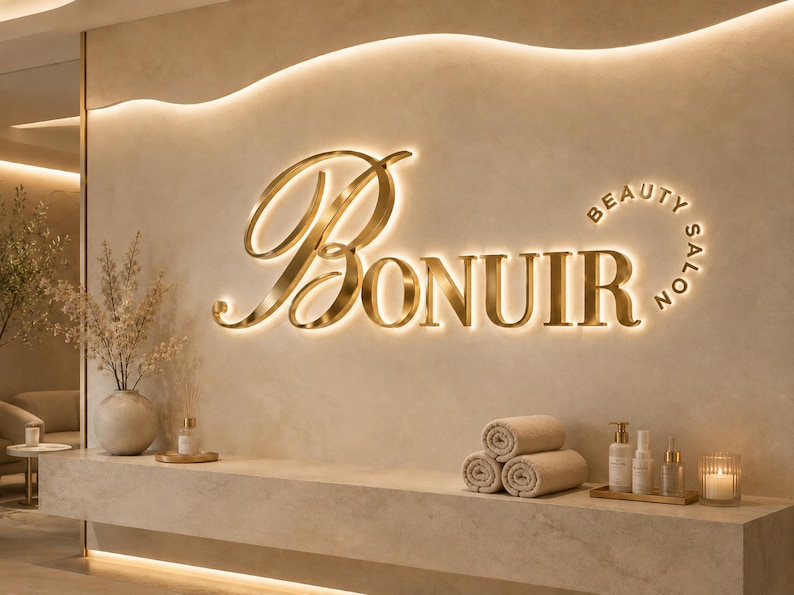 May include: A wall-mounted sign featuring the gold metallic text BONUIR with the words BEAUTY SALON in a curved arrangement. The letters are backlit with a warm glow against a beige wall. Below, a stone counter holds three rolled towels and bottles.
