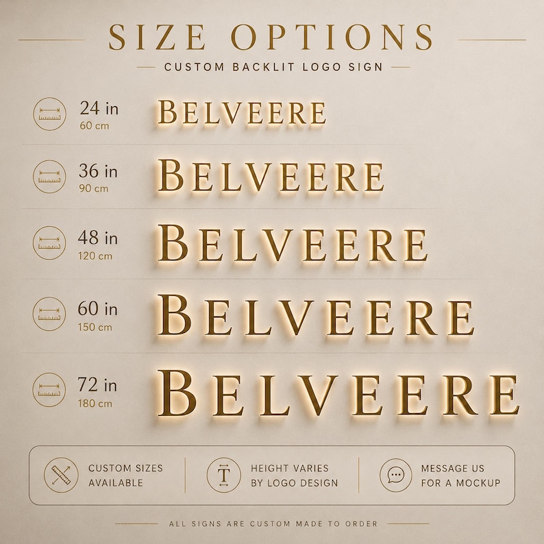 May include: A custom backlit logo sign featuring the text BELVEERE in gold lettering. The image displays five size options ranging from 24 inches to 72 inches, with corresponding metric measurements. Text includes SIZE OPTIONS, CUSTOM BACKLIT LOGO SIGN.