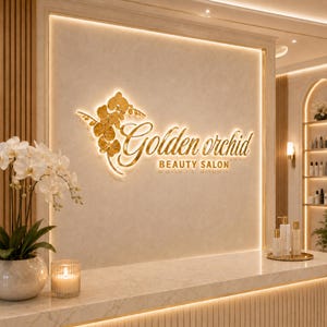 May include: A wall-mounted sign featuring the gold-colored text Golden orchid BEAUTY SALON and a gold orchid graphic. The sign is backlit with warm lighting against a textured beige wall, positioned above a marble counter with a candle and plant.