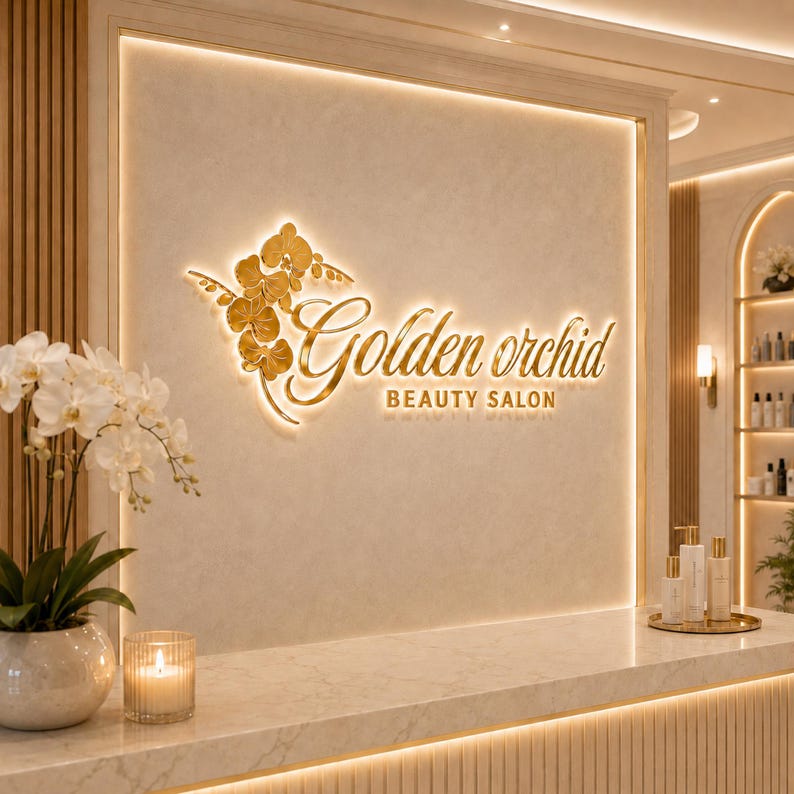 May include: A wall-mounted sign featuring the gold-colored text Golden orchid BEAUTY SALON and a gold orchid graphic. The sign is backlit with warm lighting against a textured beige wall, positioned above a marble counter with a candle and plant.