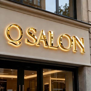 May include: A storefront sign featuring the word Q SALON in large, three-dimensional, polished gold-colored letters. The letters are mounted on a light beige wall and are illuminated from behind, creating a glowing halo effect around each character.