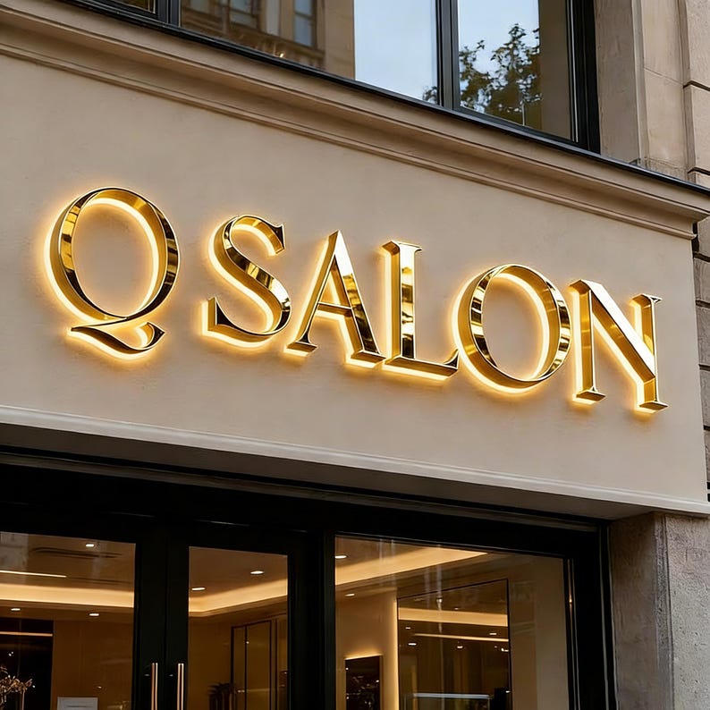 May include: A storefront sign featuring the word Q SALON in large, three-dimensional, polished gold-colored letters. The letters are mounted on a light beige wall and are illuminated from behind, creating a glowing halo effect around each character.