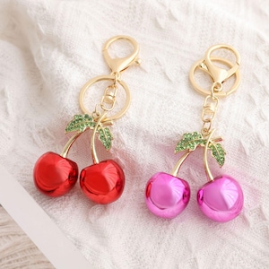 Cute Ceramic Red Cherry Keychain - Kawaii Fruit Bag Charm, Unique Gift for Her or Teacher - Handbag Cherry Charms - Gifts for Her
