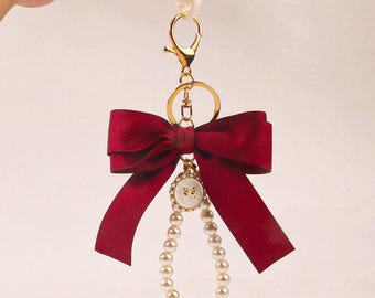 Ribbon Pearl Keychain,Bohemian Ribbon Charms,Bow Keychain,Pearl Chain Pendant Keychain,Handbag Charm,Cute Bag Charm,Gift for Her