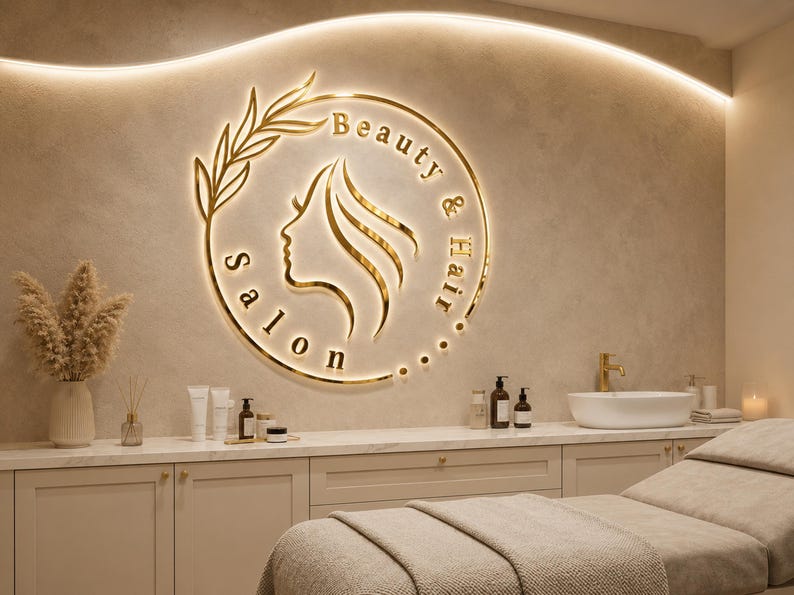 May include: A gold-colored circular wall sign featuring a profile silhouette of a face and the text Beauty & Hair Salon. The sign is illuminated with backlighting and mounted on a beige wall above a white counter with various salon supplies.
