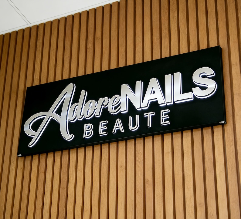 May include: A rectangular black sign with raised, metallic silver lettering that reads AdoreNAILS BEAUTE. The sign features a script font for the word Adore and a bold, sans-serif font for NAILS and BEAUTE, mounted on a vertical wood slat wall.