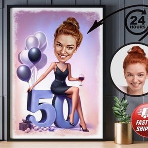 Retrato de dibujos animados personalizado número 50, dibujo de caricatura de feliz cumpleaños personalizado, caricatura divertida, regalo para ella, feliz 40, 50, 60, 70.