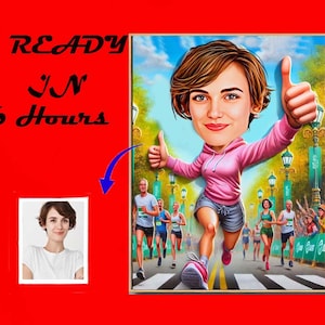 RUNNER CARICATURE Cartoon Portrait Custom Marathon Runner Caricature Drawing Funny Running Caricature Gift for Female Runner Sprinter