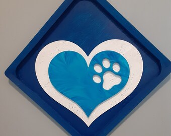 Painted wood heart shapes with dog paw