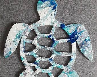 Hand Painted Wood Sea Turtle Wall Art | Coastal Beach House Decor | Blue Whimsical