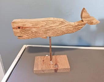 Stained Wood Whale Shelf Sitter on Stand 12x10 | Coastal Nautical Tabletop Decor | Tan