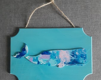 Painted Wood Sperm Whale on wood plaque wall hanging