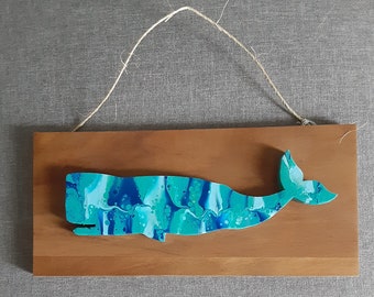 Painted Sperm Whale on Wood Plaque