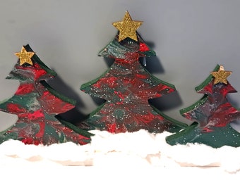 Painted Wood Tabletop Christmas Tree Trio