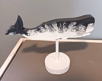 Painted Wood Whale on Stand 6"x9"x3", Coastal Nautical Table Decor