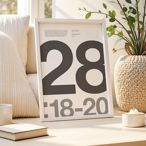 May include: A framed print with the number 28 in large, dark gray font, and the numbers 18-20 below. A white mug, a closed book, a candle, and a decorative vase with greenery are also on the table. The pillows are a light beige color.