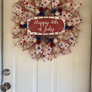 Handmade Patriotic 4th Of July Wreath with Beautiful Patriotic Theme Ribbons and Complimenting Mesh