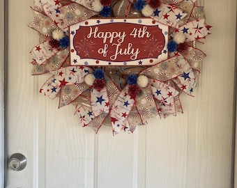 Handmade Patriotic 4th of July Wreath: Stars, Fireworks, Ribbons