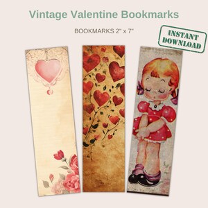 Marcadores de libros vintage para San Valentín / 16 marcadores en 4 páginas / Páginas para descargar en formato digital / Manualidades de papel