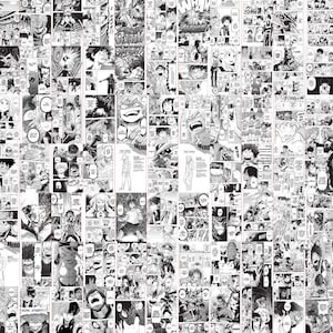 May include: A black and white collage of manga panels featuring a character with spiky green hair and a determined expression. The panels show the character in various poses and situations, including fighting, training, and interacting with other characters. The text in the panels is in Japanese.