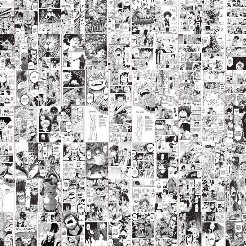 May include: A black and white collage of manga panels featuring a character with spiky green hair and a determined expression. The panels show the character in various poses and situations, including fighting, training, and interacting with other characters. The text in the panels is in Japanese.