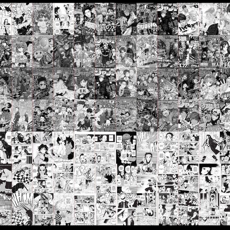 May include: A collage of black and white manga panels featuring various characters and scenes. The panels are arranged in a grid pattern and include text in Japanese.