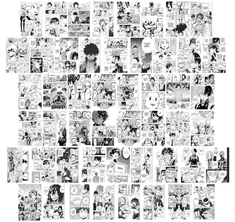 May include: Black and white manga comic panels featuring a character with spiky green hair and a red and white costume. The character is surrounded by other characters in various poses and expressions. The panels are filled with action and dialogue.