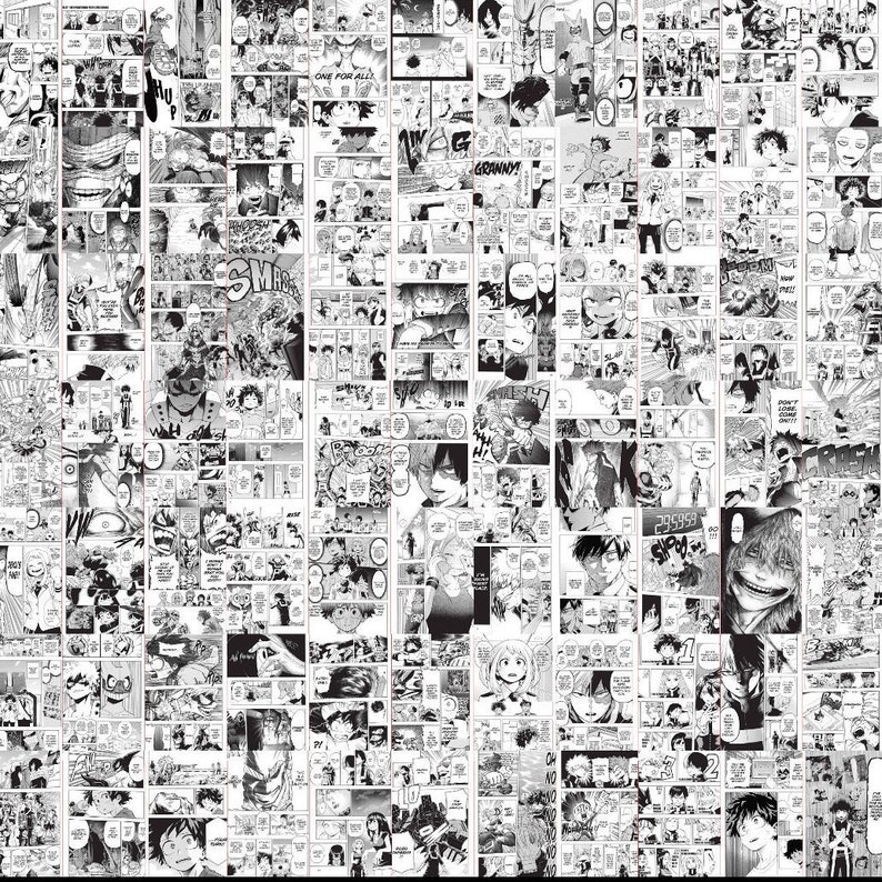 May include: A black and white collage of manga panels featuring a character with spiky black hair and a determined expression. The panels depict various scenes from the manga, including action sequences, dialogue, and character interactions. The text "ONE FOR ALL" is visible in one of the panels.