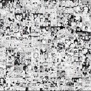 May include: Black and white manga style collage featuring a variety of characters and scenes. The collage is made up of many small panels, each depicting a different moment from the story. The characters are all drawn in a dynamic and expressive style, and the scenes are full of action and excitement.