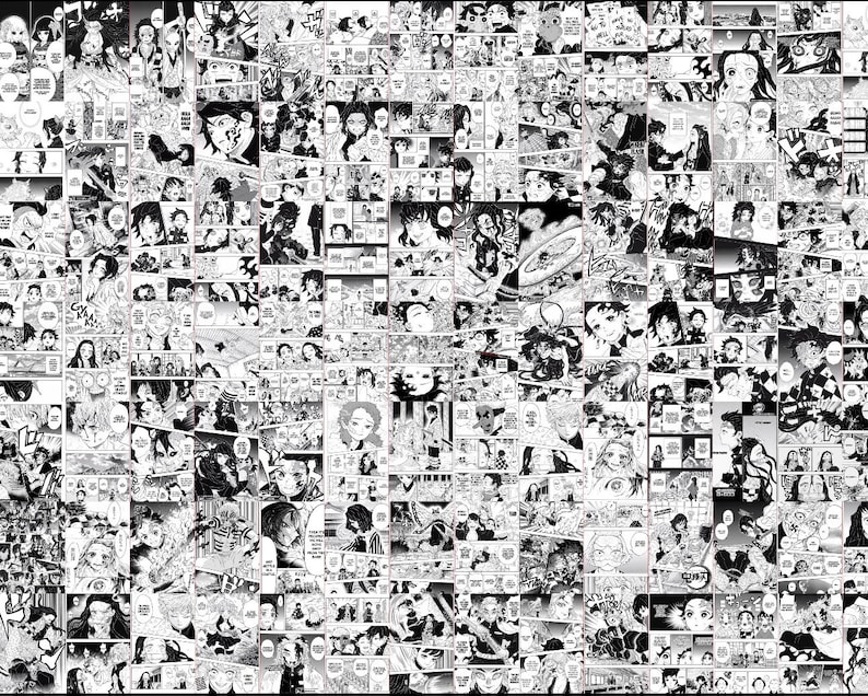 May include: Black and white manga style collage featuring a variety of characters and scenes. The collage is made up of many small panels, each depicting a different moment from the story. The characters are all drawn in a dynamic and expressive style, and the scenes are full of action and excitement.