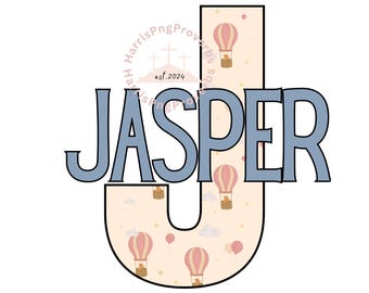 Anpassningsbar pojkeinitial och namn i PNG-format: Design med varmluftsballong (digital nedladdning)